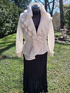 Elegant Ivory White Ruffled Mesh Gorgeous Unique Jacket Medium
